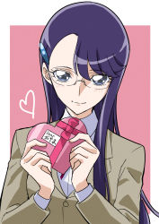 Rule 34 | 1girl, blue eyes, border, box, brown jacket, collared shirt, hair behind ear, heart, heart-shaped box, heartcatch precure!, highres, holding, holding box, jacket, looking at viewer, outside border, pink background, portrait, precure, school uniform, shirt, smile, solo, tsukikage oyama, tsukikage yuri, white background, white border