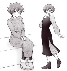 Rule 34 | 1girl, blush, boku no hero academia, boots, breasts, closed mouth, commentary request, dress, freckles, genderswap, genderswap (mtf), greyscale, high heels, long dress, long sleeves, looking at viewer, medium breasts, midoriya izuku, monochrome, open mouth, short hair, simple background, sitting, smile, sorayuu 810, standing, sweater, sweater dress, turtleneck, white background