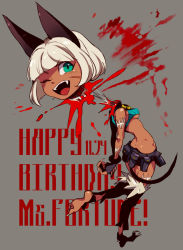 Rule 34 | 1girl, animal ears, aqua eyes, arms behind back, ass, belt, belt pouch, black legwear, blood, blunt bangs, breasts, cat ears, cat girl, cat tail, character name, collar, dark-skinned female, dark skin, dated, disembodied head, ekubo (ciaobero), fangs, feathers, female focus, fingernails, from behind, grey background, guro, happy, happy birthday, looking at viewer, midriff, ms. fortune (skullgirls), narrow waist, one eye closed, open mouth, pouch, scar, scar on face, severed head, sharp fingernails, sharp toenails, short hair, short shorts, shorts, sideboob, simple background, skullgirls, small breasts, solo, standing, standing on one leg, stitches, tail, toenails, underboob, white hair, wink