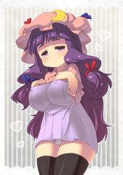 Rule 34 | 1girl, :&lt;, absurdres, black thighhighs, blueberry (5959), blush, breasts, cameltoe, covered erect nipples, crescent, crescent moon, dress, eyeliner, female focus, hat, heart, highres, impossible clothes, large breasts, long hair, makeup, moon, panties, patchouli knowledge, plump, purple eyes, purple hair, ribbon, solo, thighhighs, thighs, touhou, underwear