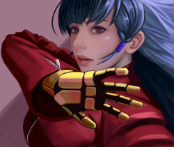 Rule 34 | 1girl, absurdres, blue hair, booger wang, breasts, close-up, gloves, hair ornament, highres, kula diamond, looking at viewer, medium breasts, purple eyes, simple background, solo, the king of fighters, turtleneck, zipper