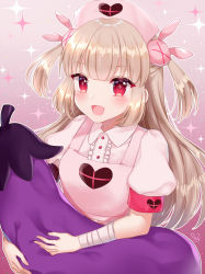 Rule 34 | 1girl, apron, artist name, bandaged arm, bandages, blush, brown hair, collared shirt, eggplant, hat, heart, long hair, looking at viewer, naomi (fantasia), natori sana, nurse cap, open mouth, red eyes, sana channel, shirt, short sleeves, signature, smile, solo, sparkle, stuffed toy, upper body, very long hair, virtual youtuber