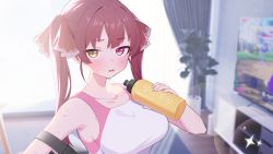 Rule 34 | 1girl, blurry, blurry background, blush, bottle, breasts, brown eyes, hair ribbon, heterochromia, highres, holding, holding bottle, hololive, houshou marine, indoors, large breasts, long hair, parted lips, plant, potted plant, pretty mundane, red eyes, red hair, red ribbon, ribbon, ring fit adventure, shirt, solo, squeeze bottle, sweat, television, upper body, virtual youtuber, white shirt