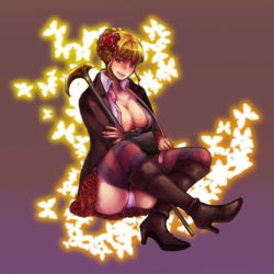 Rule 34 | 00s, 1girl, 9wa, bad id, bad pixiv id, beatrice (umineko), breasts, bug, butterfly, female focus, flower, full body, high heels, insect, necktie, panties, pink necktie, rose, shoes, solo, striped clothes, striped thighhighs, thighhighs, umineko no naku koro ni, underwear