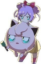 Rule 34 | 1girl, ahoge, blue eyes, bow, bright pupils, chewing, closed mouth, creatures (company), cropped legs, crossover, double bun, dress, game freak, gen 1 pokemon, hair bow, hair bun, heart, holding, holding microphone, holding pokemon, jigglypuff, leaning forward, looking at viewer, manaka laala, manaka laala (young), microphone, nintendo, open mouth, paprika private academy school uniform, pink bow, pokemon, pokemon (creature), pretty series, pripara, purple hair, ritsu (roboroboro), school uniform, short hair, simple background, solo, standing, white background, white pupils, yellow dress