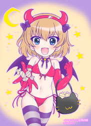 Rule 34 | 1girl, :d, artist name, bikini, black choker, black thighhighs, black wings, blonde hair, blue eyes, candy, carrying, choker, cowboy shot, crescent moon, dated, demon horns, demon wings, elbow gloves, fake horns, fangs, flat chest, food, front-tie bikini top, front-tie top, girls und panzer, gloves, halloween, halloween bucket, halloween costume, holding, holding candy, holding food, horns, katyusha (girls und panzer), kuromori yako, looking at viewer, moon, navel, open mouth, red bikini, red gloves, red horns, ribbon choker, short hair, side-tie bikini bottom, smile, solo, standing, star (symbol), star choker, swimsuit, thighhighs, wings