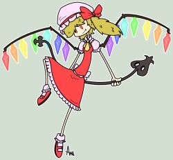 Rule 34 | 1girl, ascot, blonde hair, dress, fang, flandre scarlet, green background, grim-evilnov, hat, laevatein, red dress, red eyes, signature, simple background, smile, solo, touhou, wings