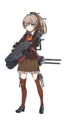 Rule 34 | 10s, 1girl, aqua eyes, bag, brown hair, cannon, full body, hair ornament, kantai collection, konishi (koconatu), kumano (kancolle), looking at viewer, official art, personification, ponytail, school uniform, skirt, smile, solo, thighhighs, transparent background, weapon