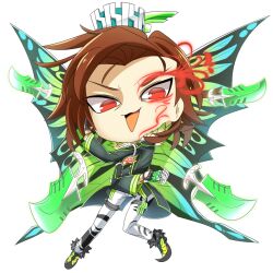 Rule 34 | 1boy, between fingers, black coat, black footwear, black gloves, brown hair, butterfly wings, buttons, character request, chibi, coat, commentary request, crown, dagger, double-breasted, facial tattoo, fingerless gloves, full body, gloves, glowing tattoo, green wings, holding, holding dagger, holding knife, holding weapon, hop step jumpers, insect wings, knife, lets0020, long sleeves, looking at viewer, male focus, open mouth, pants, pointy footwear, push dagger, red eyes, short bangs, short hair, simple background, smile, solo, tattoo, transparent background, v-shaped eyebrows, weapon, white crown, white pants, wings