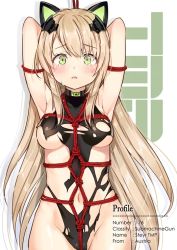 Rule 34 | 1girl, animal ear headphones, animal ears, armpits, arms up, bad id, bad pixiv id, bdsm, blonde hair, blush, bondage, bound, cat ear headphones, commentary request, crying, crying with eyes open, eyes visible through hair, fake animal ears, girls&#039; frontline, goyain, headphones, leotard, long hair, looking at viewer, navel, restrained, shibari, solo, standing, straight hair, tareme, tears, tmp (girls&#039; frontline), torn clothes, torn leotard, very long hair