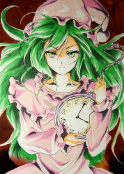 Rule 34 | 1girl, analog clock, beluo77, capelet, chain, clock, closed mouth, commentary request, dress, frilled capelet, frilled nightgown, frilled sleeves, frills, green eyes, green hair, hat, highres, kazami yuuka, long hair, long sleeves, looking at viewer, nightcap, nightgown, pajamas, pink capelet, pink dress, pink hat, pink nightgown, pink pajamas, pom pom (clothes), roman numeral, sleepwear, solo, touhou, touhou (pc-98), traditional media, upper body, very long hair