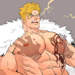 Rule 34 | 2boys, abs, bara, blonde hair, blush, brown eyes, chest tattoo, electricity, facial mark, fairy tail, falloutbart, fur-trimmed jacket, fur trim, grabbing, grey background, groping, jacket, jacket on shoulders, unworn jacket, large pectorals, laxus dreyar, male focus, mature male, multiple boys, muscular, muscular male, open mouth, pectoral focus, pectoral grab, pectorals, short hair, solo focus, spiked hair, tattoo, upper body