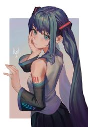 Rule 34 | 1girl, :/, absurdres, artist name, bare shoulders, black skirt, black sleeves, blue background, border, detached sleeves, from side, gradient background, green eyes, green hair, grey shirt, hair ornament, hand on own cheek, hand on own face, hands up, hatsune miku, highres, kofi-mo, long hair, looking at viewer, looking to the side, outside border, pink background, pleated skirt, shirt, shoulder tattoo, signature, skirt, sleeveless, sleeveless shirt, solo, tattoo, twintails, upper body, very long hair, vocaloid, white border