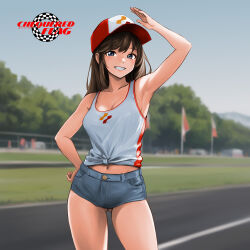 Rule 34 | 1girl, arm up, bare arms, bare shoulders, baseball cap, blue shorts, blue sky, blurry, blurry background, breasts, brown hair, chequered flag, clear sky, cleavage, collarbone, copyright name, day, flag, gluteal fold, grass, grey eyes, grin, hand on own hip, hat, highres, konami, long hair, medium breasts, minamoto80486, outdoors, race queen, ringed eyes, road, short shorts, shorts, sky, smile, solo, tank top, white tank top