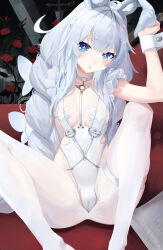 Rule 34 | 1girl, :o, absurdres, ahoge, animal ears, azur lane, blue eyes, braid, breasts, butterfly hair ornament, choker, commentary, couch, covered erect nipples, cross-shaped pupils, english commentary, fake animal ears, flower, grey hair, hair ornament, head tilt, highres, knees apart feet together, le malin (azur lane), le malin (listless lapin) (azur lane), leotard, long hair, looking at viewer, low twin braids, m legs, nontraditional playboy bunny, nstch root a, o-ring, o-ring choker, on couch, pantyhose, pillow, playboy bunny, rabbit ears, reclining, red flower, red rose, rose, small breasts, symbol-shaped pupils, thigh strap, twin braids, very long hair, white leotard, white pantyhose, wrist cuffs