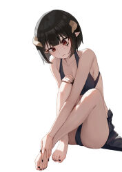 Rule 34 | 1girl, absurdres, barefoot, bikini, black bikini, black hair, black sarong, breasts, cleavage, demon girl, demon horns, facial tattoo, feet, frown, full body, hair between eyes, hand on own foot, highres, hime-sama &quot;goumon&quot; no jikan desu, horns, knees up, large breasts, legs, light blush, lips, liwen520, looking down, nail polish, pointy ears, red eyes, sarong, short hair, simple background, sitting, solo, swimsuit, tattoo, toenail polish, toenails, toes, torture tortura, white background