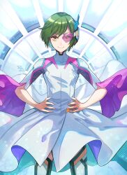 Rule 34 | 1boy, a3!, absurdres, androgynous, artist name, green hair, hands on own hips, headset, highres, looking at viewer, rurikawa yuki, scouter, smile, solo, standing, taka banyaaa, thighhighs, wide sleeves, yellow eyes
