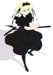 Rule 34 | 1boy, alternate costume, apron, black apron, black dress, black footwear, black pantyhose, black ribbon, closed mouth, crossdressing, dress, frills, from above, full body, goth fashion, green hair, holding, holding mop, lio fotia, looking at viewer, maid, maid apron, maid headdress, male focus, mop, pantyhose, promare, puffy short sleeves, puffy sleeves, purple eyes, ribbon, shadow, short hair, short sleeves, sidelocks, simple background, solo, trap, white background, yon prmr