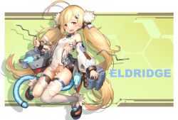 Rule 34 | 1girl, ahoge, azur lane, blonde hair, blush, brown eyes, brown footwear, character name, detached sleeves, dowsing rod, eldridge (azur lane), facial mark, full body, fur trim, green background, groin, hair ornament, hairclip, head tilt, hexagon, highres, holding, kakinomai, legs up, long hair, long sleeves, looking at viewer, open mouth, silhouette, solo, thighhighs, torn clothes, torn thighhighs, twintails, v-shaped eyebrows, very long hair, white thighhighs