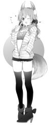 Rule 34 | 10s, 1girl, absurdres, animal ears, blush, bra, breasts, casual, cleavage, collarbone, fang, fate/extra, fate/extra ccc, fate (series), fox ears, fox tail, greyscale, high heels, highres, hood, hoodie, long hair, low twintails, medium breasts, monochrome, navel, official alternate costume, one eye closed, open mouth, scrunchie, shoes, simple background, sino (sionori), smile, solo, striped clothes, striped hoodie, tail, tamamo (fate), tamamo no mae (fate/extra), tamamo no mae (spring casual) (fate), thighhighs, twintails, underwear, unzipped, v