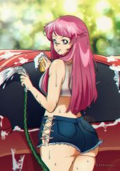Rule 34 | 1980s (style), absurdres, akkasayu, artist name, ass, brown eyes, car, chromatic aberration, commentary, commission, english commentary, from behind, highres, holding, holding hose, hose, long hair, looking back, motor vehicle, oldschool, original, pink hair, retro artstyle, short shorts, shorts, washing vehicle