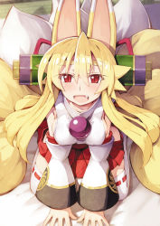 Rule 34 | 1girl, blonde hair, blush, breasts, detached sleeves, eyebrows, fang, fox tail, hip vent, izuna (shinrabanshou), japanese clothes, kneeling, looking at viewer, looking up, miko, multiple tails, open mouth, red eyes, saru 000, scroll, shinrabanshou, sideboob, solo, tail, thighhighs, white thighhighs