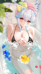 Rule 34 | 1girl, bath, bathing, bathtub, bikini, black bikini, blush, bow, breasts, bubble, chinese commentary, cleavage, commentary request, flower, hair bow, hair flaps, highres, large breasts, liu liaoliao, looking at viewer, navel, original, partially submerged, red eyes, rubber duck, sidelocks, sitting, smile closed mouth, solo, swimsuit, thighs, tile wall, tiles, towel, towel on head, water, wet, yellow bow