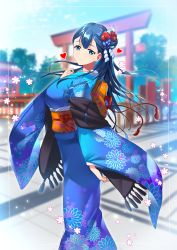 Rule 34 | 1girl, absurdres, alternate breast size, blue eyes, blue flower, blue hair, blue kimono, blurry, blurry background, floating hair, floral print, flower, from side, hair flower, hair ornament, heart, highres, hugtto! precure, japanese clothes, kimono, long hair, long sleeves, looking at viewer, obi, outdoors, precure, print kimono, red flower, red rose, rose, rumo, sash, smile, solo, standing, torii, yakushiji saaya