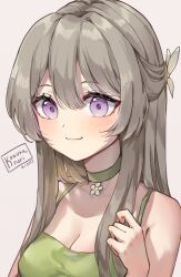 Rule 34 | 1girl, bare shoulders, breasts, choker, cleavage, closed mouth, commentary, copyright request, dated, dress, english commentary, flower, green choker, green dress, grey background, grey hair, hair between eyes, hand up, kobutanori, long hair, medium breasts, neck flower, purple eyes, signature, simple background, sleeveless, sleeveless dress, smile, solo, virtual youtuber, white flower