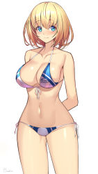 Rule 34 | 1girl, 3:, arms behind back, bare arms, bare shoulders, bikini, blonde hair, blue eyes, breasts, cleavage, closed mouth, collarbone, cowboy shot, front-tie bikini top, front-tie top, halterneck, highres, large breasts, looking at viewer, navel, original, short hair, side-tie bikini bottom, simple background, solo, stomach, string bikini, swimsuit, takamine nadare, thighs, white background