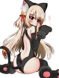 Rule 34 | 1girl, animal ears, animal hands, ass, backless outfit, bad id, bad pixiv id, bare shoulders, bell, black gloves, black leotard, black thighhighs, bow, cat ears, cat girl, cat tail, closed mouth, commentary request, dangeroes beast (illya), elbow gloves, fake animal ears, fate/kaleid liner prisma illya, fate (series), flying sweatdrops, fur collar, gloves, hair bell, hair between eyes, hair bow, hair ornament, head tilt, illyasviel von einzbern, jingle bell, leotard, light brown hair, long hair, looking at viewer, looking to the side, official alternate costume, paw gloves, paw shoes, peru (perushee), red bow, red eyes, red ribbon, ribbon, shoes, simple background, sitting, solo, tail, tail bell, tail ornament, tail ribbon, tears, thighhighs, two side up, very long hair, wariza, wavy mouth, white background