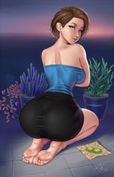 Rule 34 | 1girl, aesdev3, ass, ass focus, bad deviantart id, bad id, bare shoulders, barefoot, black skirt, blue eyes, breasts, brown hair, casual, crossed arms, drugs, feet, from behind, herb, highres, jill valentine, lips, looking at viewer, looking back, medium breasts, miniskirt, narrow waist, no bra, nose, plant, resident evil, resident evil 3, resident evil 3: nemesis, short hair, skirt, smile, soles, solo, strapless, taut clothes, taut skirt, toes, turning head, wide hips