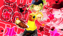 Rule 34 | 1girl, :q, ;q, clothes writing, curry, food, foreshortening, fork, green eyes, green hair, gumi, hat, highres, looking at viewer, maclo, matching hair/eyes, one eye closed, plate, rice, short hair, smile, solo, song name, tongue, tongue out, vocaloid, wink