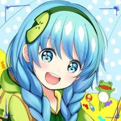 Rule 34 | 1girl, blue eyes, blue hair, blush, braid, catbell, frog, hairband, long hair, looking at viewer, open mouth, smile