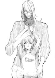Rule 34 | 2boys, agatsuma soubi, animal ears, aoyagi ritsuka, artist request, bandages, cat boy, cat ears, cigarette, clothes writing, glasses, greyscale, height difference, long hair, loveless, male focus, miwa shirow, monochrome, multiple boys, raglan sleeves, size difference, sketch, white background