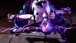Rule 34 | 1girl, absurdres, armlet, bare shoulders, barefoot, belt, bending backward, breasts, capcom, cleavage, collar, dougi, drill hair, energy, fingerless gloves, gloves, glowing, glowing eyes, han juri, highres, john tazukura, looking to the side, open mouth, solo, spiked armlet, spiked collar, spikes, street fighter, street fighter 6, teeth, toned, twin drills