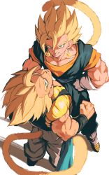 Rule 34 | absurdres, blue eyes, dougi, dragon ball, dragon ball super, dragonball z, earrings, from above, fusion, gloves, gogeta, grin, hand on own hip, highres, jewelry, looking at viewer, male focus, metamoran vest, monkey tail, multiple boys, muscular, muscular male, potara earrings, relio db318, simple background, smile, spiked hair, super saiyan, tail, vegetto, white background, white gloves