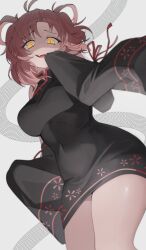 Rule 34 | 1girl, bare shoulders, black dress, breasts, china dress, chinese clothes, commentary, covered navel, cowboy shot, detached sleeves, dress, from below, highres, large breasts, long sleeves, looking at viewer, lvemhrd, naughty face, open mouth, original, pink hair, red hair, short hair, simple background, sleeves past wrists, smile, solo, teeth, thighs, upper teeth only, white background, yellow eyes