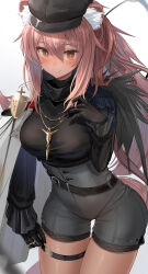 Rule 34 | 1girl, animal ear fluff, animal ears, arknights, black gloves, black hat, breasts, cowboy shot, gloves, gravel (arknights), gravel (modeling night) (arknights), grey shorts, hat, high-waist shorts, highres, jewelry, large breasts, long hair, long sleeves, looking at viewer, multiple rings, necklace, orange eyes, parted lips, pink hair, ring, shorts, smile, solo, sthk, thigh gap, thigh strap, very long hair