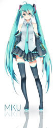 Rule 34 | 1girl, ahoge, aqua eyes, aqua hair, black thighhighs, character name, contrapposto, detached sleeves, food-themed hair ornament, full body, hair ornament, hatsune miku, highres, light smile, ling (vivianling), long hair, looking at viewer, necktie, pleated skirt, reflection, shoes, simple background, skirt, solo, spring onion hair ornament, standing, thighhighs, very long hair, vocaloid, white background, zettai ryouiki