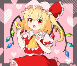 Rule 34 | 1girl, blonde hair, chestnut mouth, claw pose, collared shirt, commentary request, crystal, fang, flandre scarlet, frilled shirt collar, frilled skirt, frills, hair between eyes, hands up, hat, hat ribbon, heart, long hair, mitya, mob cap, one side up, open mouth, pink background, pink hat, pink shirt, puffy short sleeves, puffy sleeves, red eyes, red ribbon, red skirt, red vest, ribbon, shirt, short sleeves, skirt, skirt set, solo, touhou, twitter username, vest, wings