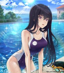 Rule 34 | artist request, ass, black hair, blurry, blurry background, blush, breasts, building, bush, cleavage, cloud, cloudy sky, competition swimsuit, copyright name, copyright notice, dripping, goggles, gundam, gundam breaker mobile, haro, highres, kuzunoha rindou, lens flare, long hair, medium breasts, ocean, official art, one-piece swimsuit, open mouth, pool, poolside, purple eyes, railing, sky, solo, sparkle, splashing, straight hair, summer, sun, sunlight, swim cap, swimsuit, tagme, thighs, tree, unworn goggles, unworn swim cap, wet, wet clothes, wet hair, wet swimsuit, window