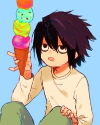 Rule 34 | 1boy, blue background, brown hair, death note, feet out of frame, food, green pants, hair between eyes, hand on own knee, holding, holding food, ice cream cone, ka (marukogedago), l (death note), long sleeves, looking at food, male focus, open mouth, pants, shirt, short sleeves, simple background, solo, white shirt