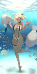 Rule 34 | 1girl, ;), absurdres, aki rosenthal, animal, barefoot, bikini tan, black choker, black one-piece swimsuit, blonde hair, breasts, choker, dolphin, fish, full body, highres, hololive, large breasts, looking to the side, nail polish, navel, one-piece swimsuit, one eye closed, red nails, short hair, slingshot swimsuit, smile, solo, standing, standing on one leg, swimsuit, tan, tanline, toenail polish, toenails, twin (tt lsh), underwater, virtual youtuber