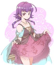 Rule 34 | 1girl, braiding hair, clothes lift, cowboy shot, dress, dress lift, fire emblem, fire emblem: the sacred stones, hairdressing, jewelry, kizuki miki, looking at viewer, lute (fire emblem), multi-tied hair, necklace, nintendo, purple hair, smile, solo, white background