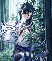 Rule 34 | 1boy, absurdres, ahoge, arm guards, arm tattoo, asymmetrical clothes, baggy pants, bamboo, bamboo forest, bead necklace, beads, black hair, blue pants, detached sleeves, diamond-shaped pupils, diamond (shape), eyeshadow, facial mark, forehead mark, forest, genshin impact, gloves, green gloves, green hair, highres, jewelry, looking at viewer, makeup, medium hair, multicolored hair, nature, necklace, pants, parted bangs, pelvic curtain, pendant, red eyeshadow, shirt, shoulder pads, shoulder spikes, sidelocks, single bare shoulder, single detached sleeve, siya ho, spikes, symbol-shaped pupils, tassel, tattoo, tiger, two-tone hair, white shirt, white tiger, wide sleeves, xiao (genshin impact), yellow eyes