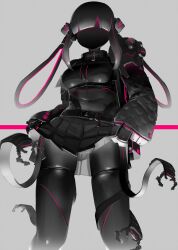 Rule 34 | 1girl, android, belt, black skin, black skirt, black thighhighs, breasts, clothes lift, colored skin, echanis enicha, faceless, faceless female, female focus, glowing, grey background, highres, lifted by self, medium breasts, multicolored hair, navel, original, pleated skirt, science fiction, skirt, skirt lift, solo, streaked hair, thighhighs, twintails