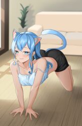 Rule 34 | 1girl, absurdres, all fours, animal ear fluff, animal ears, black shorts, blue eyes, blue hair, camisole, cat ears, cat tail, closed mouth, collarbone, couch, diptip, full body, highres, hololive, hoshimachi suisei, living room, looking at viewer, short shorts, shorts, solo, strap slip, tail, virtual youtuber, wooden floor