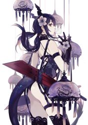 Rule 34 | 1girl, absurdres, arknights, arm strap, ass, bad id, bad pixiv id, bare shoulders, black gloves, black legwear, breasts, brown eyes, ch&#039;en (arknights), cowboy shot, elbow gloves, floral print, flower, garter straps, gloves, hair flower, hair ornament, highres, horns, lingerie, long hair, looking at viewer, looking to the side, low twintails, medium breasts, print leotard, profile, purple hair, revision, rose print, saika ryougi, sidelocks, sideways glance, simple background, solo, sword, tail, thigh strap, thighs, twintails, underwear, v, weapon, white background, white flower, wind chime