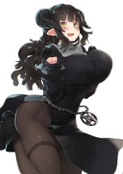 Rule 34 | 1girl, :d, ass, belt, black gloves, black hair, black pantyhose, blunt bangs, blush, boots, bouncing breasts, breasts, fang, gloves, highres, horns, itou ryuusei, large breasts, long hair, looking at viewer, nun, open mouth, original, pantyhose, pointy ears, simple background, smile, solo, thighband pantyhose, white background, yellow eyes